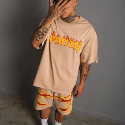  Alev Baskılı İkili Şortlu Takım - Bej -